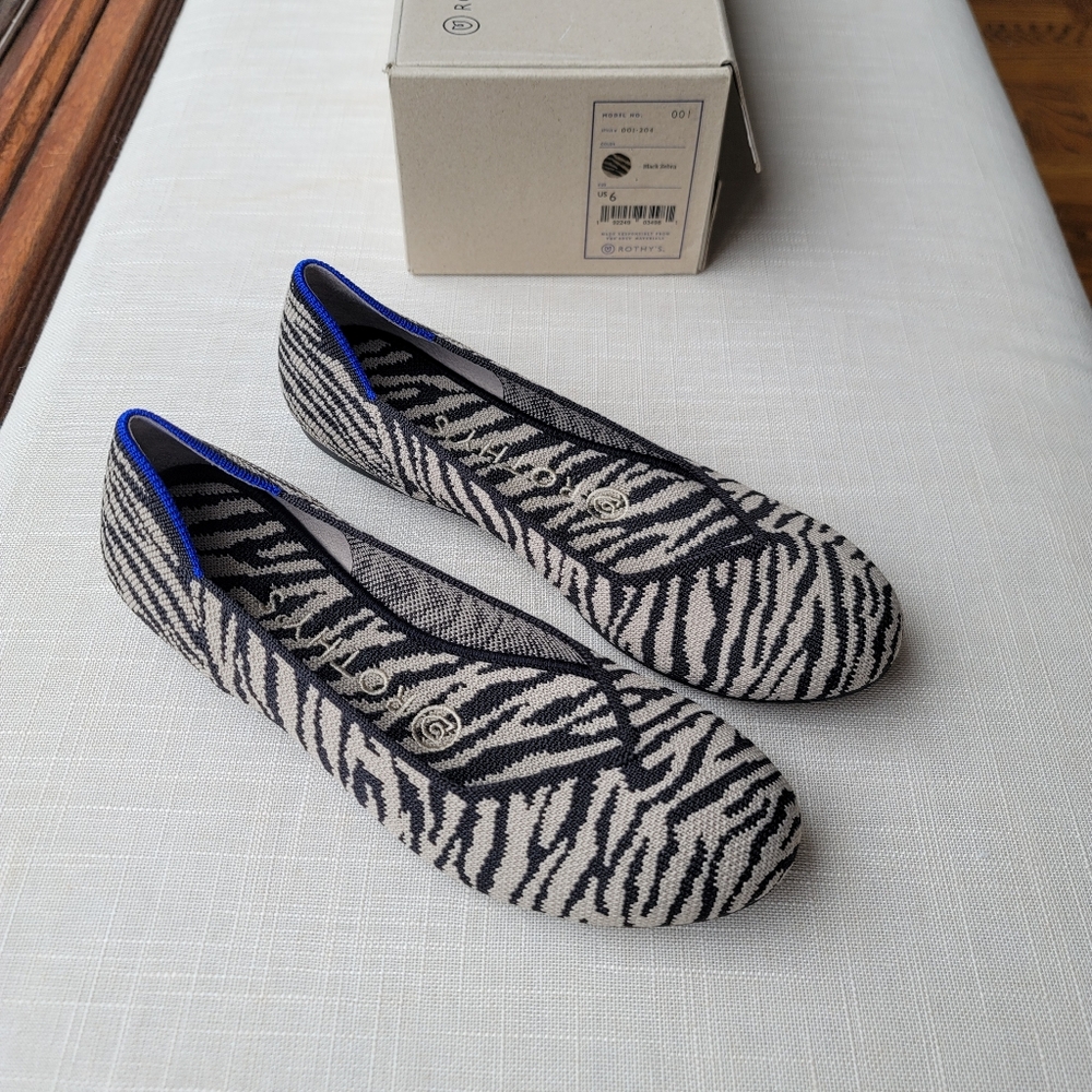 New! Rothy's sz 6 Black White Zebra Ballet Flats Shoes Rothys Box, Never Worn